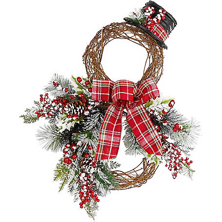 Fraser Hill Farm 22 in. Snowman Christmas Door Hanging with Berries & Pine Branches with Burlap Bow & Top Hat