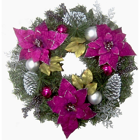 Fraser Hill Farm 24 in. Christmas Wreath with Faux Poinsettia Blooms and Ornaments with Pine Cones, PVC, Faux Trim