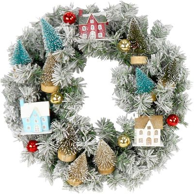 Fraser Hill Farm 24 in. Christmas Snowy Wreath Door Hanging with Ornaments & Wood Houses with Trees, PVC