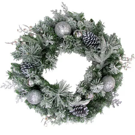 Fraser Hill Farm 24" Frosted Christmas Wreath Door Hanging with Ornaments and Pine Cones with Berries PVC Artificial Christmas Wreaths