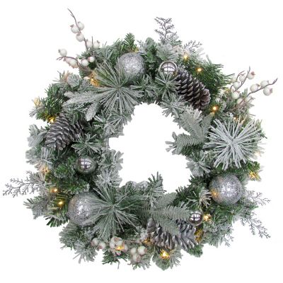 Fraser Hill Farm 24 in. Pre-Lit Frosted Artificial Christmas Wreath with Ornaments, Pine Cones and Berries