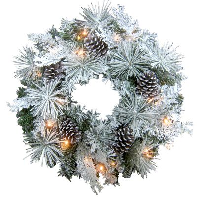 Fraser Hill Farm 24 in. Pre-Lit Snow Flocked Artificial Christmas Wreath with Oversize Pine Cones