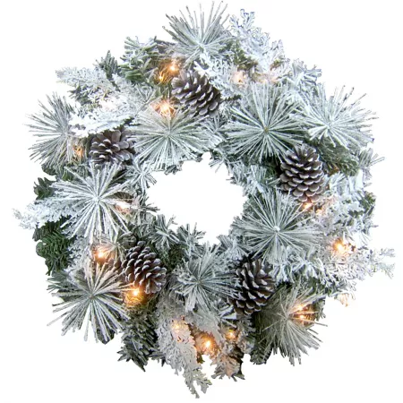 Fraser Hill Farm 24" Lighted Snow Flocked Christmas Wreath with Oversized Pine Cones PVC Synthetic Trim Artificial Christmas Wreaths