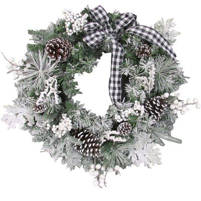 Fraser Hill Farm 24 in. Christmas Snow Flocked Wreath with Pine Cones & Black & White Buffalo Check Bow, PVC