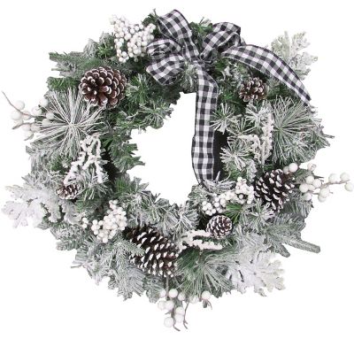 Fraser Hill Farm24 in. Christmas Snow Flocked Wreath with Pine Cones & Black & White Buffalo Check Bow, PVC