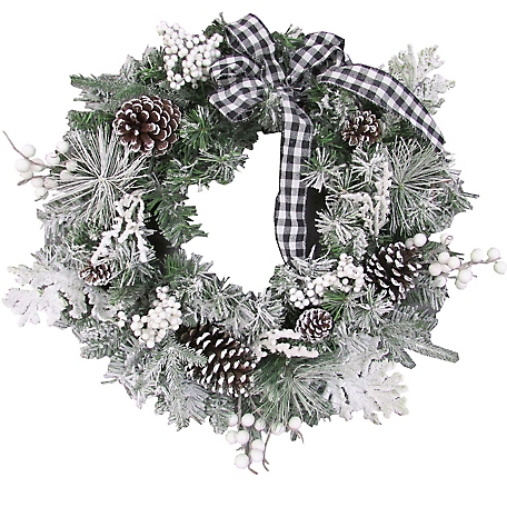 Fraser Hill Farm 24 in. Christmas Snow Flocked Wreath with Pine Cones & Black & White Buffalo Check Bow, PVC