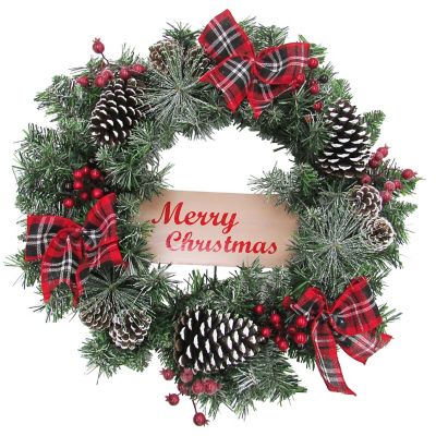Fraser Hill Farm 24 in. Christmas Frosted Wreath with Pine Cones and Berries with Plaid Bows, PVC, Faux Trim