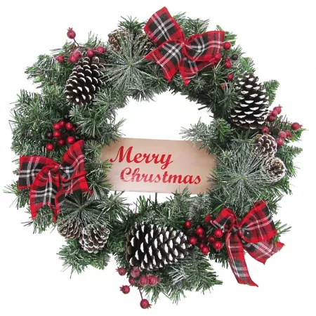 Fraser Hill Farm 24" Frosted Christmas Wreath with Pine Cones and Berries with Plaid Bows PVC Faux Border Artificial Christmas Wreaths