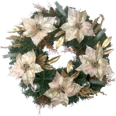 Fraser Hill Farm 24 in. Christmas Wreath with Poinsettias and Ornaments with Gold Berries, Artificial