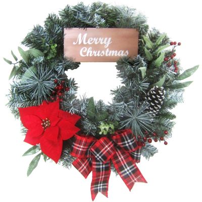 Fraser Hill Farm 24 in. Artificial Christmas Wreath with Poinsettia Bloom, Bow and Merry Christmas Wooden Sign