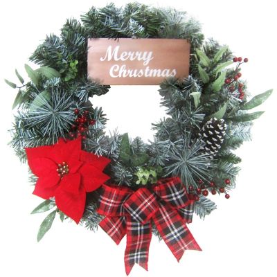 Fraser Hill Farm24 in. Christmas Wreath with a Poinsettia Bloom & Bow with Merry Christmas Wooden Sign, PVC