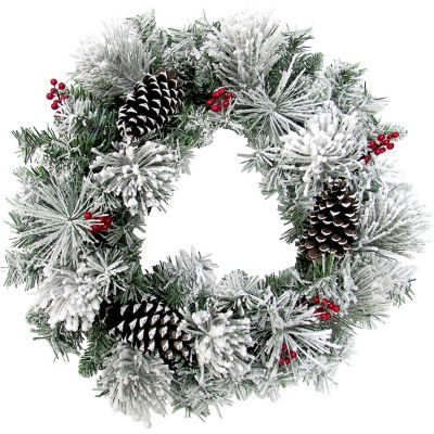 Fraser Hill Farm 24 in. Christmas Snow Covered Wreath with Pine Cones and Berries, PVC, Faux Trim