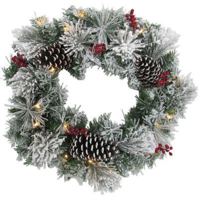 Fraser Hill Farm 24 in. Christmas Pre-Lit Snow Covered Wreath with Pine Cones and Berries, PVC, Artificial