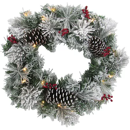 Fraser Hill Farm 24" Snowy Lighted Christmas Wreath with Pine Cones and Berries PVC Artificial Artificial Christmas Wreaths