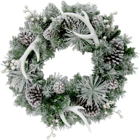 Fraser Hill Farm 24" Frosted Christmas Wreath with Pine Cones and Berries with Antler Decorations PVC Synthetic Trim Artificial Christmas Wreaths