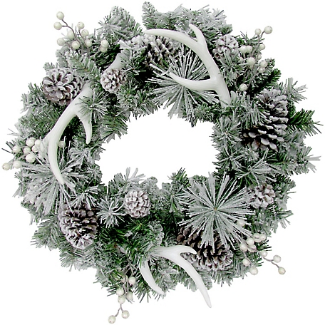 Fraser Hill Farm 24 in. Christmas Frosted Wreath with Pine Cones & Berries with Antler Decorations, PVC, Faux Trim