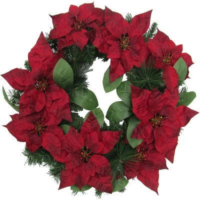 Fraser Hill Farm24 in. Christmas Wreath with Velvet Poinsettia Blooms and Leaves, Artificial