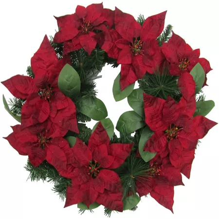 Fraser Hill Farm 24" Christmas Wreath with Velvet Poinsettia Flowers and Leaves Artificial Artificial Christmas Wreaths