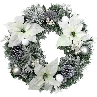 Fraser Hill Farm 24 in. Christmas Frost Covered Wreath with White Poinsettia Blooms & Ornaments with Pine Cones