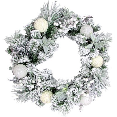 Fraser Hill Farm 24 in. Christmas Snow Covered Wreath with Glitter Ornaments & Leaves with Berries, PVC