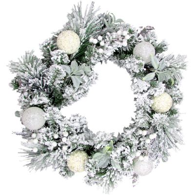 Fraser Hill Farm24 in. Christmas Snow Covered Wreath with Glitter Ornaments & Leaves with Berries, PVC