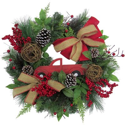 Fraser Hill Farm24 in. Christmas Wreath with Pine Cones & Burlap Bows with Wooden Truck Decoration, PVC