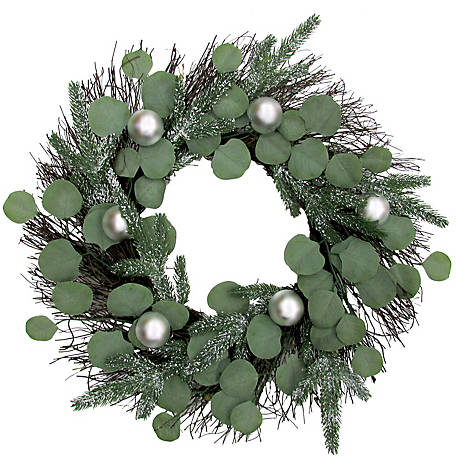 Fraser Hill Farm 24 in. Christmas Eucalyptus Wreath with Ornaments and Frosted Pine Branches, Artificial