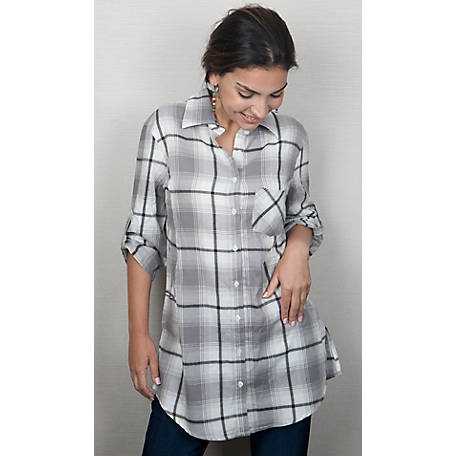 EXCHIC Womens Button Down Plaid Shirt Roll-up Sleeve Blouses Tunics