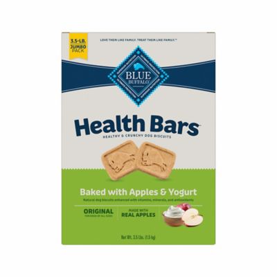 Blue Buffalo Health Bars Natural Crunchy Dog Treats Biscuits, Apple & Yogurt 56 oz. Box So many dog treats and biscuits have molasses or some other form of sugar that causes tooth decay; some have other ingredients that are okay for humans to eat but known to harm dogs 