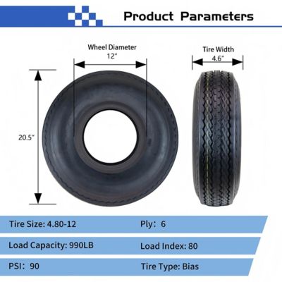 Image showing  4.8-12 6PR Tire and 12x4 5-4.5 Wheel Assembly, 5 Lug, 990 lb. Max. Loading Capacity, White