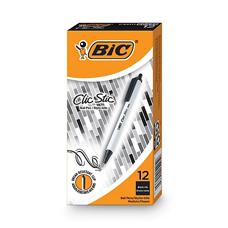 BIC Clic Stic Retractable Ballpoint Pens, Medium, 1 mm, Black Ink, White Barrel, 12-Pack
