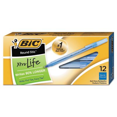 BIC Round Stic Xtra Life Stick Ballpoint Pens, Blue, 1 mm, 12-Pack