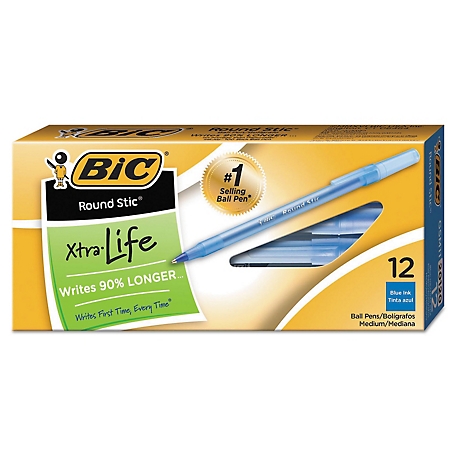 BIC Round Stic Xtra Life Stick Ballpoint Pens, Blue, 1 mm, 12-Pack