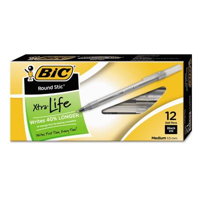 BIC Round Stic Xtra Life Stick Ballpoint Pens, Black, 1 mm, 12-Pack
