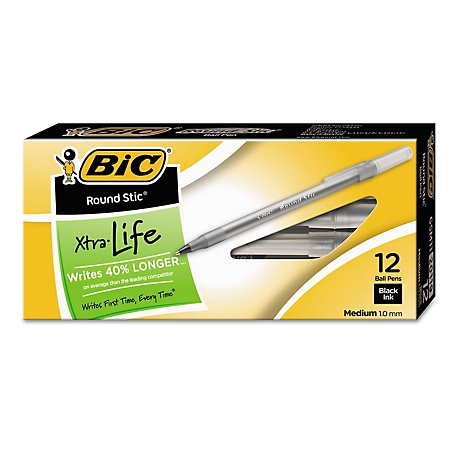 BIC Round Stic Xtra Life Stick Ballpoint Pens, Black, 1 mm, 12-Pack