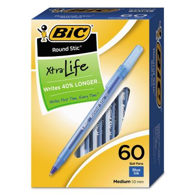 BIC Round Stic Xtra Life Stick Ballpoint Pens, Blue, 1 mm, 60-Pack