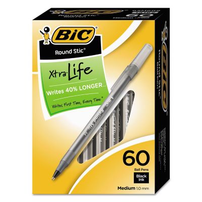 BIC Round Stic Xtra Life Stick Ballpoint Pens, Black, 1 mm, 60-Pack