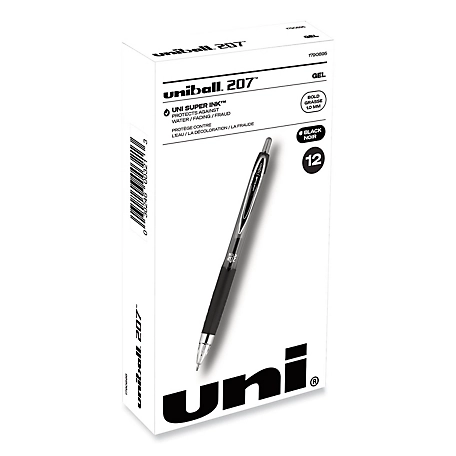 uni-ball Signo 207 Retractable Gel Pens, 1 mm, Black Ink, Translucent Black Barrel, 12-Pack
