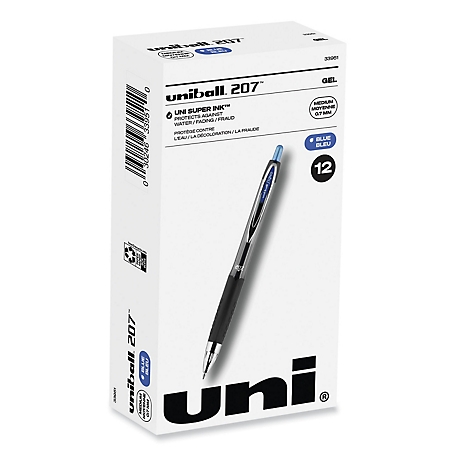 uni-ball Signo 207 Retractable Gel Pens, 0.7 mm, Blue Ink, Smoke/Black/Blue Barrel, 12-Pack