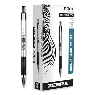 Zebra F-301 Retractable Ballpoint Pens, 0.7 mm, Black Ink, Stainless Steel/Black Barrel