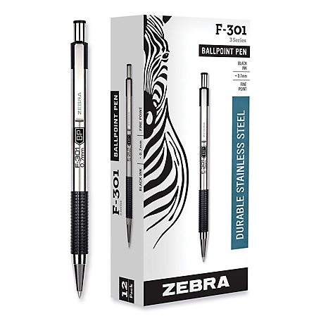 Zebra F-301 Retractable Ballpoint Pens, 0.7 mm, Black Ink, Stainless Steel/Black Barrel