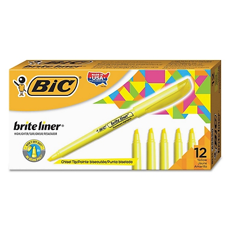 BIC Brite Liner Highlighters, Chisel Tip, Fluorescent Yellow, 12-Pack
