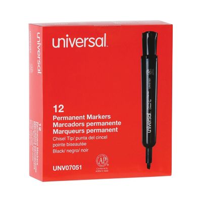 Universal Chisel Tip Permanent Markers, Broad, Black, 12-Pack