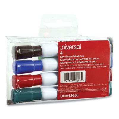 Universal Dry Erase Markers, Broad Chisel Tip, Assorted Colors, 4-Pack