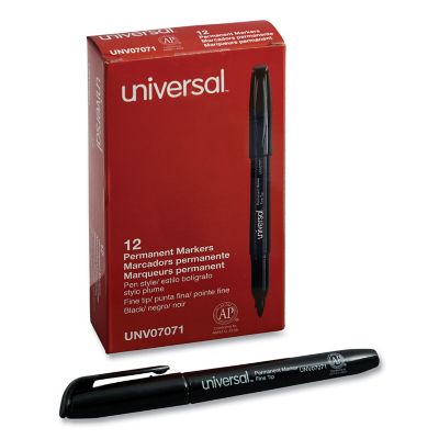 Universal Pen-Style Permanent Markers, Fine Bullet Tip, Black, 12-Pack