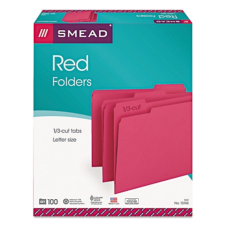 Smead Colored File Folders, 1/3-Cut Tabs, Letter Size, Red, 100 pk.