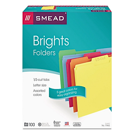 Smead Colored File Folders, 1/3-Cut Tabs, Letter Size, Blue/Green/Orange/Red/Yellow, 100 pk.