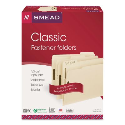 Smead Top Tab 2-Fastener Folders, 1/3-Cut Tabs, Letter Size, 11 Point Manila, Manila, 50-Pack