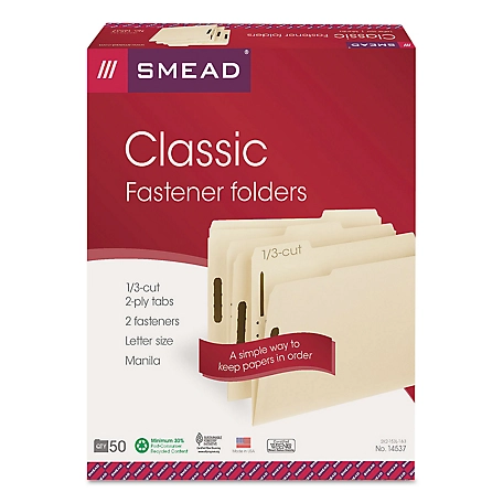 Smead Top Tab 2-Fastener Folders, 1/3-Cut Tabs, Letter Size, 11 Point Manila, Manila, 50-Pack