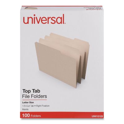 Universal Top Tab Manila File Folders, 1/3-Cut Tabs, Right Position, Letter Size, 11 Point Manila, 100-Pack